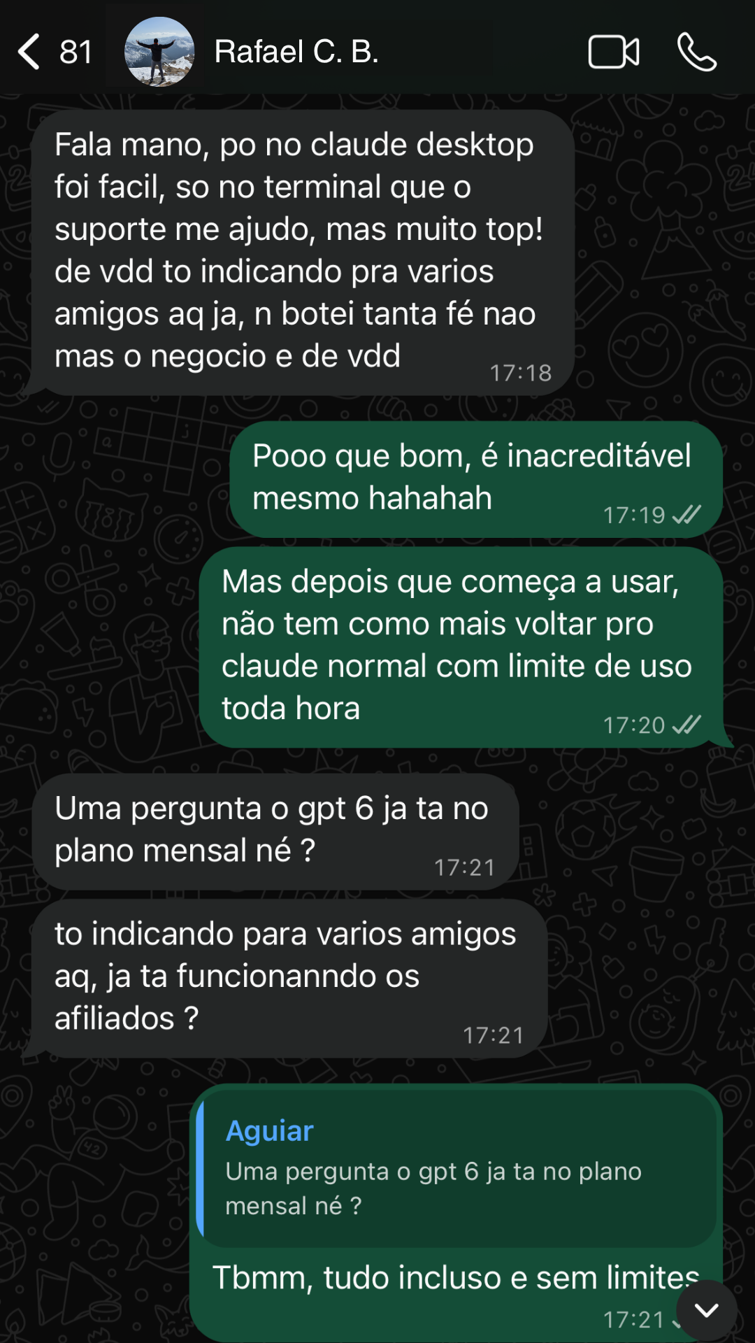 Print WhatsApp - Richard Alves testando Fable 5.1